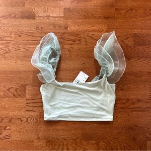 blue blush Women's Organza Ruffle Sleeve Tank Crop Top Mint Sage Green NWT M